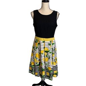 Chetta B‎ Dress Womens 12 Black White Lemon Sleeveless Pleated Fit & Flare